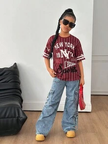 Mädchen Streetwear Lässig vielseitige Sport Amerikanisches Team Baseball gestreift Graffiti oversized Kurzarm Rundhals T-Shirt, Urlaub, Sommer, Reise - Rot - Übersicht 3
