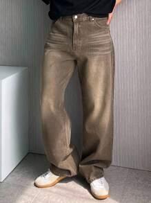 DAZY Jeans da uomo in stile vintage, colore marrone scuro, lavati e consumati, stile da strada, autunnali