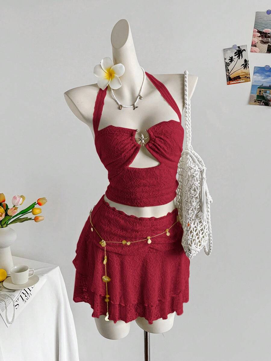 Soleia WYWH 女式夏季黄色蕾丝拼布褶饰露背上衣和荷叶边下摆迷你裙套装,非常适合度假、约会、下午茶、海滩、游轮、城市旅行、四季、音乐节、波西米亚风格 - 酒紅色 - 查看 1