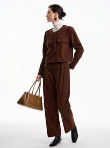 Aalyst Women's Solid Color Minimalist Long Sleeve Jacket And Pants 2 Pieces Set, Casual Everyday Wear Fall Cloth For Women - Brown - View 1