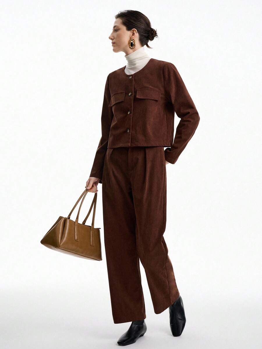 Aalyst Women's Solid Color Minimalist Long Sleeve Jacket And Pants 2 Pieces Set, Casual Everyday Wear Fall Cloth For Women - Brown - View 1
