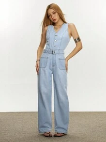 SHEIN EZwear Pantalon salopette en jean décontracté et élégant pour femmes - Bleu azur - Voir 3
