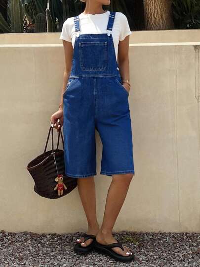 SHEIN Teen Girls Y2K Fall Solid Washed New Loose Casual Denim Bib Pants Denim Jumpsuit Jeans Long Short Baggy Bermuda Short Denim Overalls Romper Without Tee,Girls Casual Country Concert Streetwear Back To School Clothes