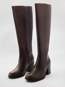 Solezae 女士日常休闲舒适圆头粗跟及膝靴 - 棕色 - 查看 3