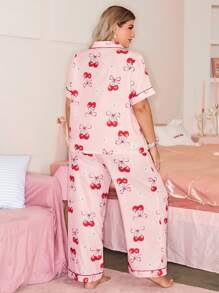 SHEIN Bộ đồ ngủ lãng mạn in họa tiết nơ và quả anh đào cỡ lớn, Giáng sinh - Nhiều màu - Xem 3