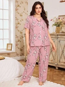 CottageSlumber طقم كارديجان وشورت مطبوع بالزهور، مقاس كبير - وردي مغبر - مشاهدة 4