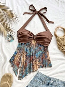 Soleia Women Holiday Sleeveless Flounce Asymmetrical Hem Bowknot Neck Top, Fresh Summer Boho Beach Top Cute Beach Tops Beach Outfits For Women Boho Swimsuit Beach Outfits For Vacation