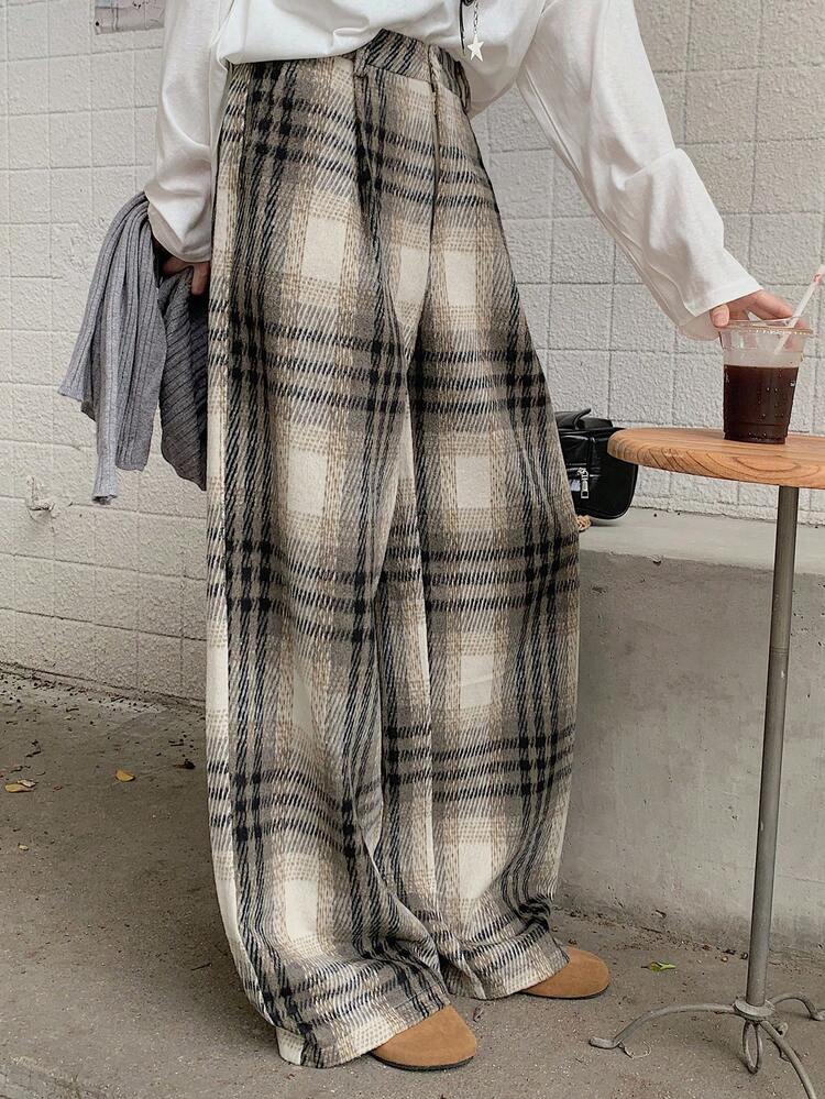 Women's Loose Casual Colorblock Plaid Straight Leg Pants, Suitable For Autumn And Winter