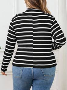 SHEIN CURVE+ Plus Size Women's French Striped Collar T-Shirt, Commuting, Minimalist, Office, Retro Style, Simple, Autumn Basic Layering Clothing