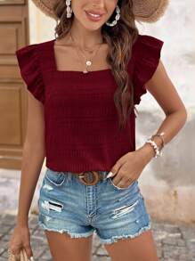 Brillora 女款夏季純色方領短袖寬鬆休閒衫 - 酒紅色 - 查看 4