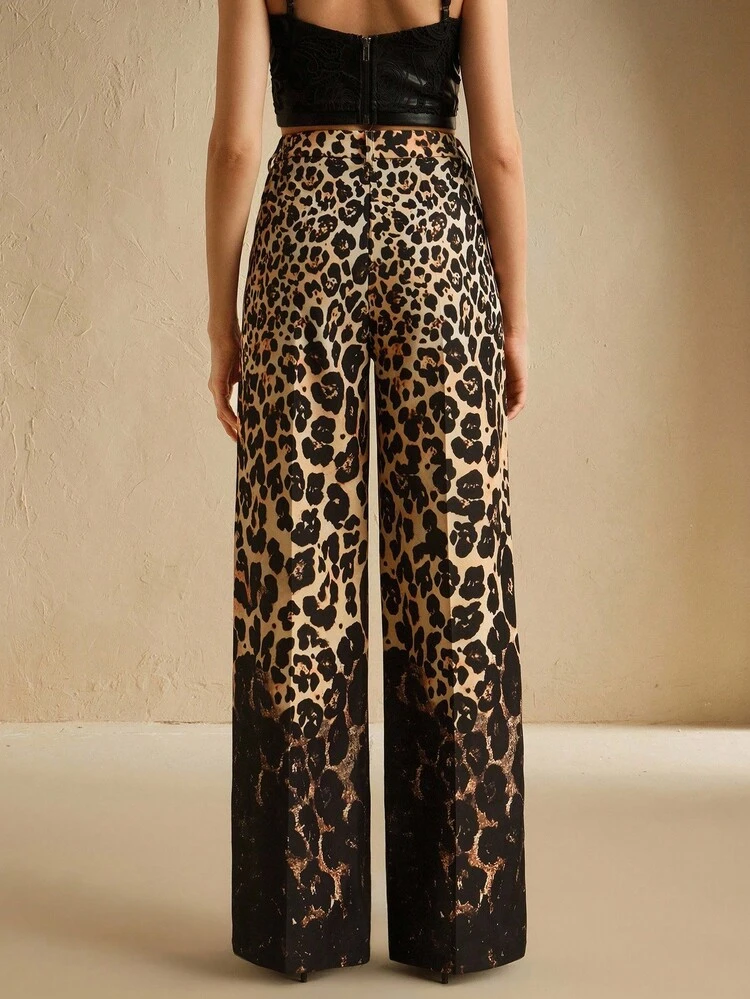 Fashionable & Elegant Leopard Gradient Print Mid-Waist Pocket Women's Pants