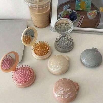 대리석 마사지 빗, 거울이 달린 헤어 브러시, 가벼운 여행용 빗, 휴대용 접이식, 메이크업 브러시, 뷰티 백, 스타일링 및 마사지에 적합, 내구성있는 Abs 플라스틱, 여성에게 적합, 외출 필수품, 여행 액세서리.