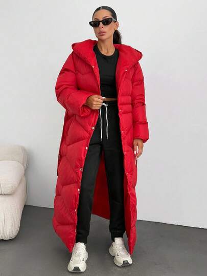 EURMUSE Women Solid Color Belted And Pocket Detailed Long Winter Coats Long Puffer Coat Women Womens Long Puffer Jacket
