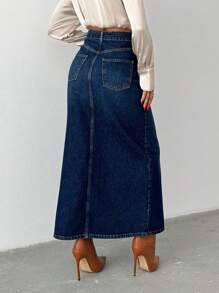 EURMUSE 100% Baumwolle ASYMMETRISCHER GÜRTEL MIT SCHLITZDETAIL MAXI Denim Rock - Mittele Waschung - Übersicht 2