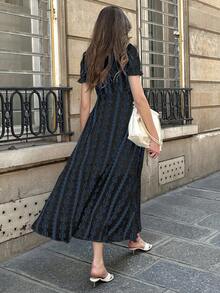 Pariaura Elegant Puff Sleeve V-Neck Vintage Print Waist Cinched Long Dress, Spring/Summer - Blue - View 2