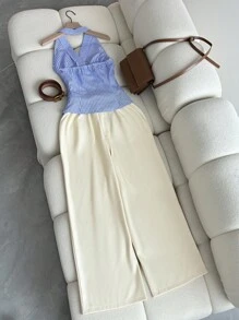 INAWLY 女士优雅吊带条纹装饰纽扣上衣和阔腿裤两件套 - 彩色 - 查看 2
