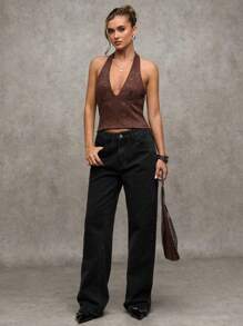 SHEIN BAE Áo hở lưng đính hạt thời trang gợi cảm dành cho nữ, Mùa hè, Trở lại trường, Quần áo mùa thu cho nữ, Quần áo mùa thu cho nữ, Áo dễ thương, Áo crop top, Câu lạc bộ gợi cảm cho nữ, Quần áo mùa thu cho nữ - màu nâu - Xem 7
