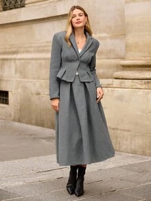 EMERY ROSE 2 件套女士西装套装老款商务时尚休闲纯色单排扣长袖西装外套和百褶裙，灰色羊毛西装套装，女士套装，冬季套装，长袖套装，两件套秋季套装，适合秋冬季 - 深灰色 - 查看 4