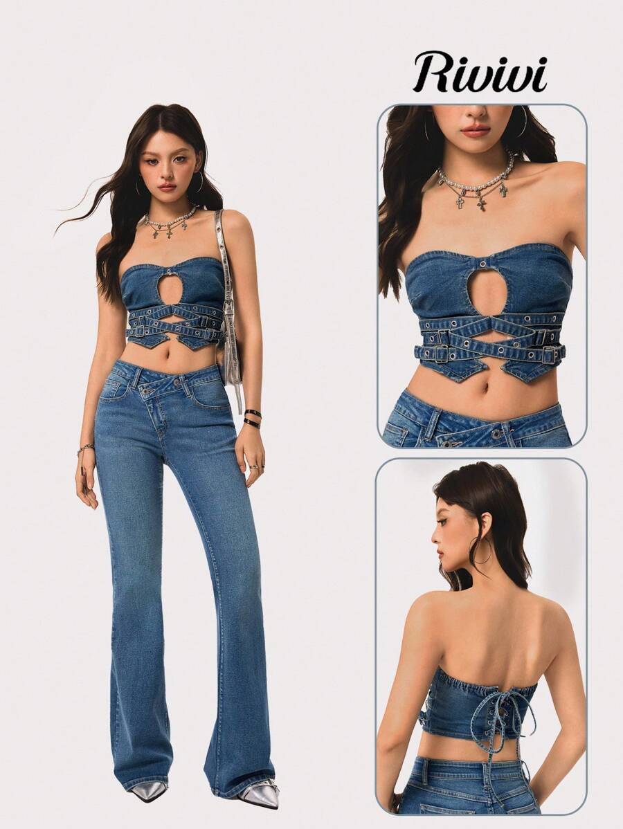 SHEIN ICON 女士性感牛仔短款吊带背心 - 深色水洗藍 - 查看 1