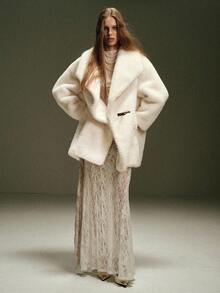 Revavyn Revavyn Women's Off-White Furry Drop Shoulder Loose Long Fake Fur Coat,Winter Elegant Large Lapel Leather Button Fluffy Jacket For Dinner Date Holiday Party - Beige - View 2