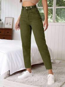 EURMUSE High Waist Mom Fit Jeans - Khaki - View 3