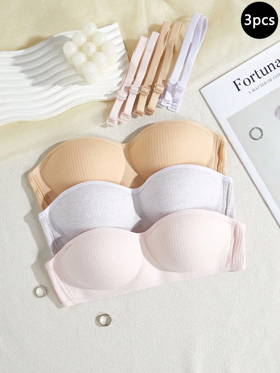 3pcs/Set Wireless Thin Removable Strap Solid Color Bras For Girls, Suitable For Casual & Sports Fall Winter - Multicolor - View 1