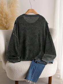 CosyJoli Suéter de punto con encaje lavado y desgastado de estilo francés elegante y casual para mujeres de talla grande en otoño/invierno - Negro - Ver 4