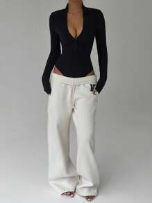 FavEase Black Solid Half Open Collar Long Sleeve Fitted Bodysuit Fall Cloth For Women - Black - View 6