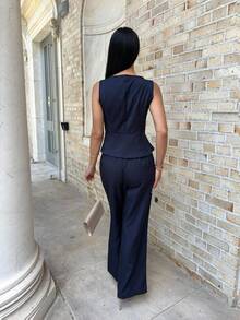 Carolina Barros 1 Set Women Elegant Sleeveless Blazer Vest And Suit Pants, Business/Office Wear, Summer - Navy Blue - View 2