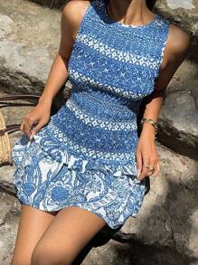 Sunnyshic Women Summer Casual Fashion Resort Print Double Ruffle Trim Sleeveless Mini Dress
