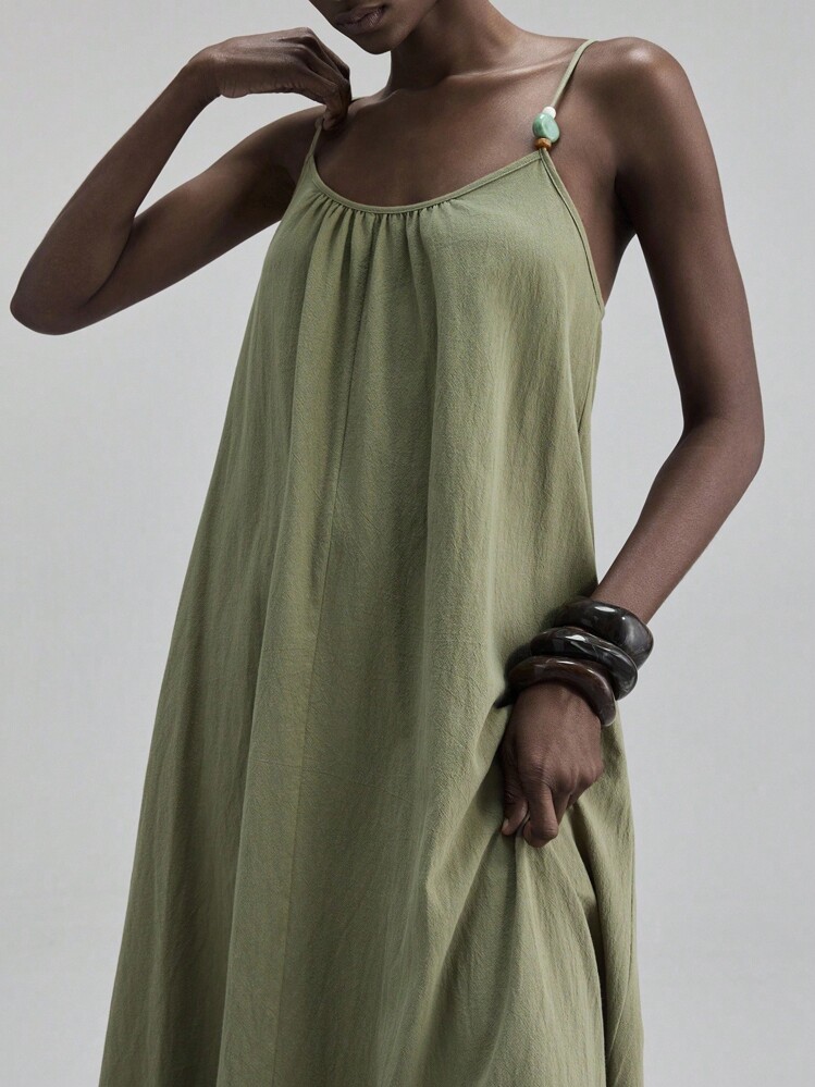 Ontre 秋季细肩带宽下摆连衣裙，带串珠装饰，休闲都市商务度假海滩度假音乐节优雅女士连衣裙 - 軍綠色 - 查看 6