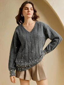 Anewsta Elegant V-Neck Pearl Design Loose Fit Long Knitted Sweater, Suitable For Autumn, Fall, Winter, Going Out, Elegant, Formal, Chic, New Year, Christmas, Graduation, Casual