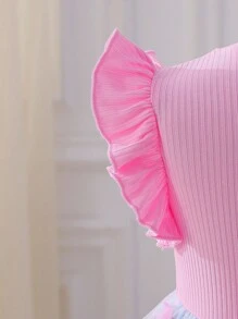 SHEIN 女孩优雅甜美可爱圆领盖袖罗纹面料腰部塑形网眼刺绣 A 字时尚公主裙，适合节日派对、旅行、夏季 - 粉色 - 查看 5