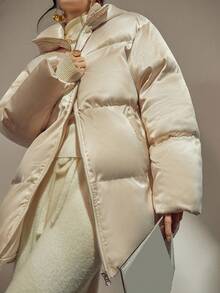 DAZY Áo khoác nữ dáng rộng có mũ trùm đầu, đệm ấm và nhẹ, ánh ngọc trai sang trọng, áo khoác thu/đông - Màu be - Xem 1