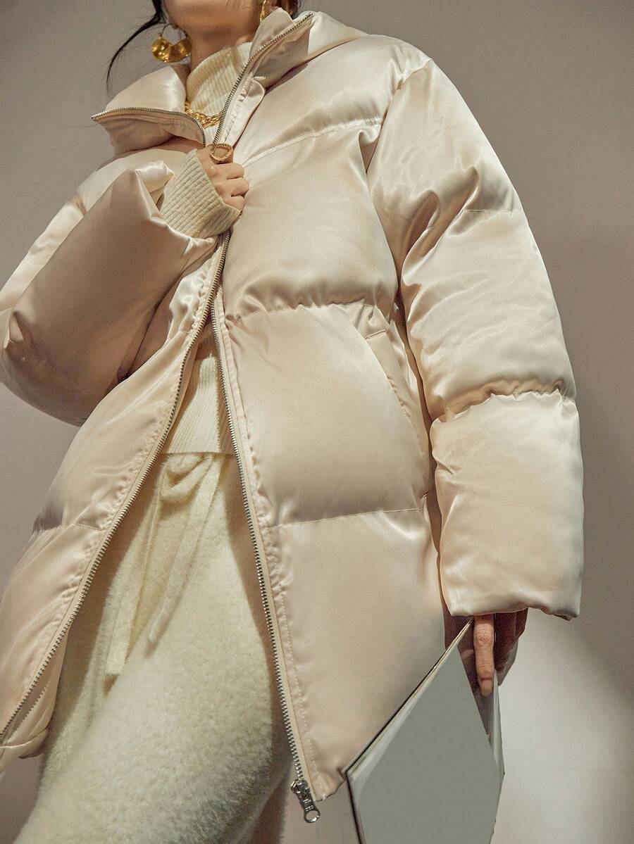 DAZY Áo khoác nữ dáng rộng có mũ trùm đầu, đệm ấm và nhẹ, ánh ngọc trai sang trọng, áo khoác thu/đông - Màu be - Xem 1