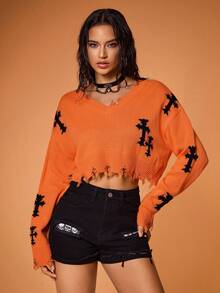 Shutterstock Y2Kool Women's Distressed Cross Jacquard Cropped Sexy Sweater, Orange Knit Top Suitable For Halloween Party, Back To School, Autumn/Winter Y2K Streetwear Casual Stylish Collection New Year - Orange - View 1