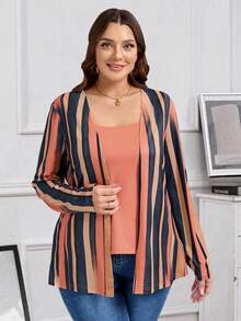 EMERY ROSE Plus Size Women's Spring/Summer 2 In 1 Striped Print Fall T-Shirt - Multicolor - View 1