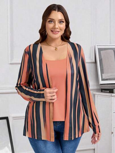 EMERY ROSE 大码女式春夏二合一条纹印花秋季T恤