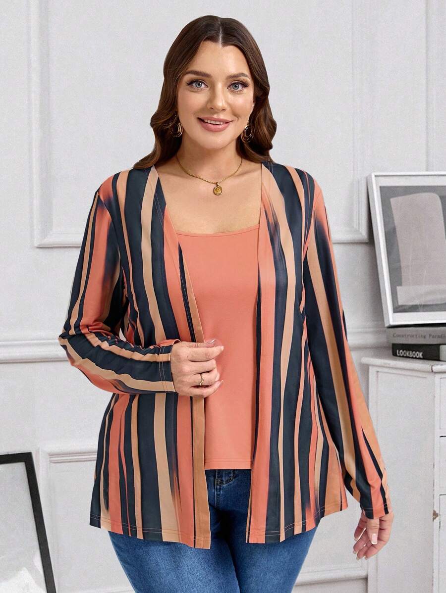 EMERY ROSE Áo thun nữ 2 trong 1 họa tiết sọc thu/hè cỡ lớn - Nhiều màu - Xem 1