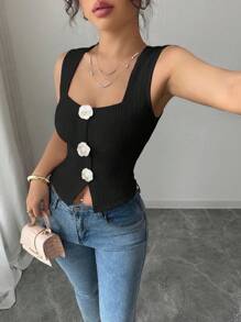 Elenzga 女士时尚法式 3D 花卉无袖背心，宽肩带方领短款修身吊带背心 - 黑色 - 查看 4
