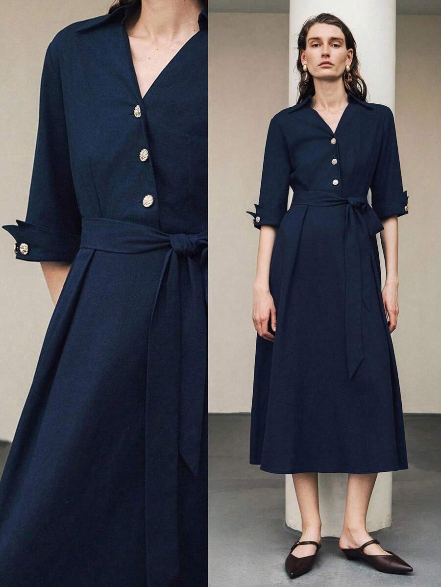 Uhlyne Uhlyne Women's Commuter Chic Linen Blouse Dress, Shirt Dress,3/4 Sleeve,Navy Blue,Easy Care,Autumn,Minimalist,Work Wear,Teacher Outfits,Back To School,Fall ,Neutral Clothes,Business Casual,Old Money Style Summer Dress