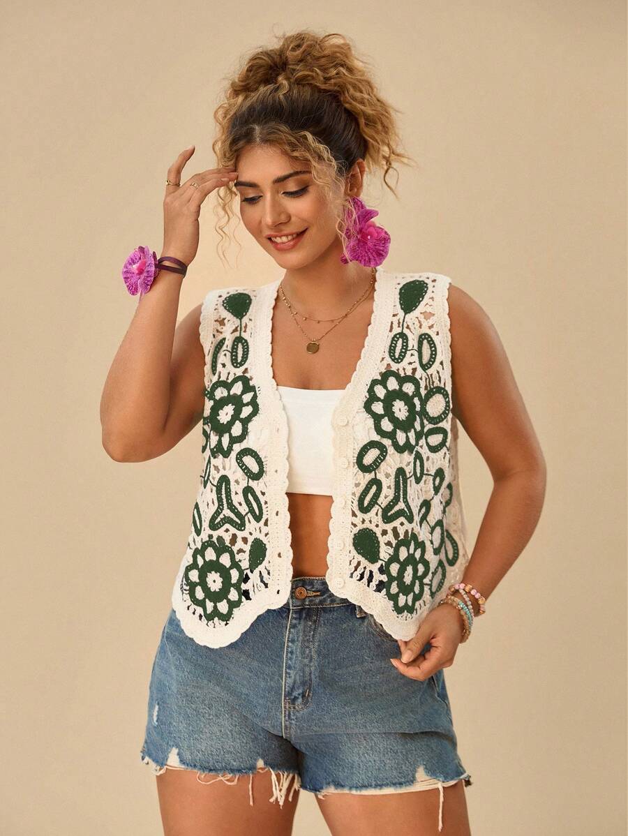 SHEIN VCAY Gilet tricoté décontracté de grande taille avec couleurs contrastées et motif ajouré, idéal pour les vacances