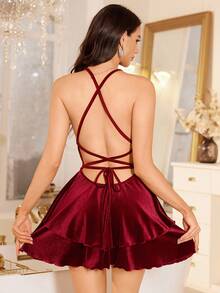 LuxeNights 天鹅绒撞色蕾丝边性感露背系带睡裙及腰带睡袍套装，闺房装扮，秋冬舒适优雅细节 - 酒紅色 - 查看 5