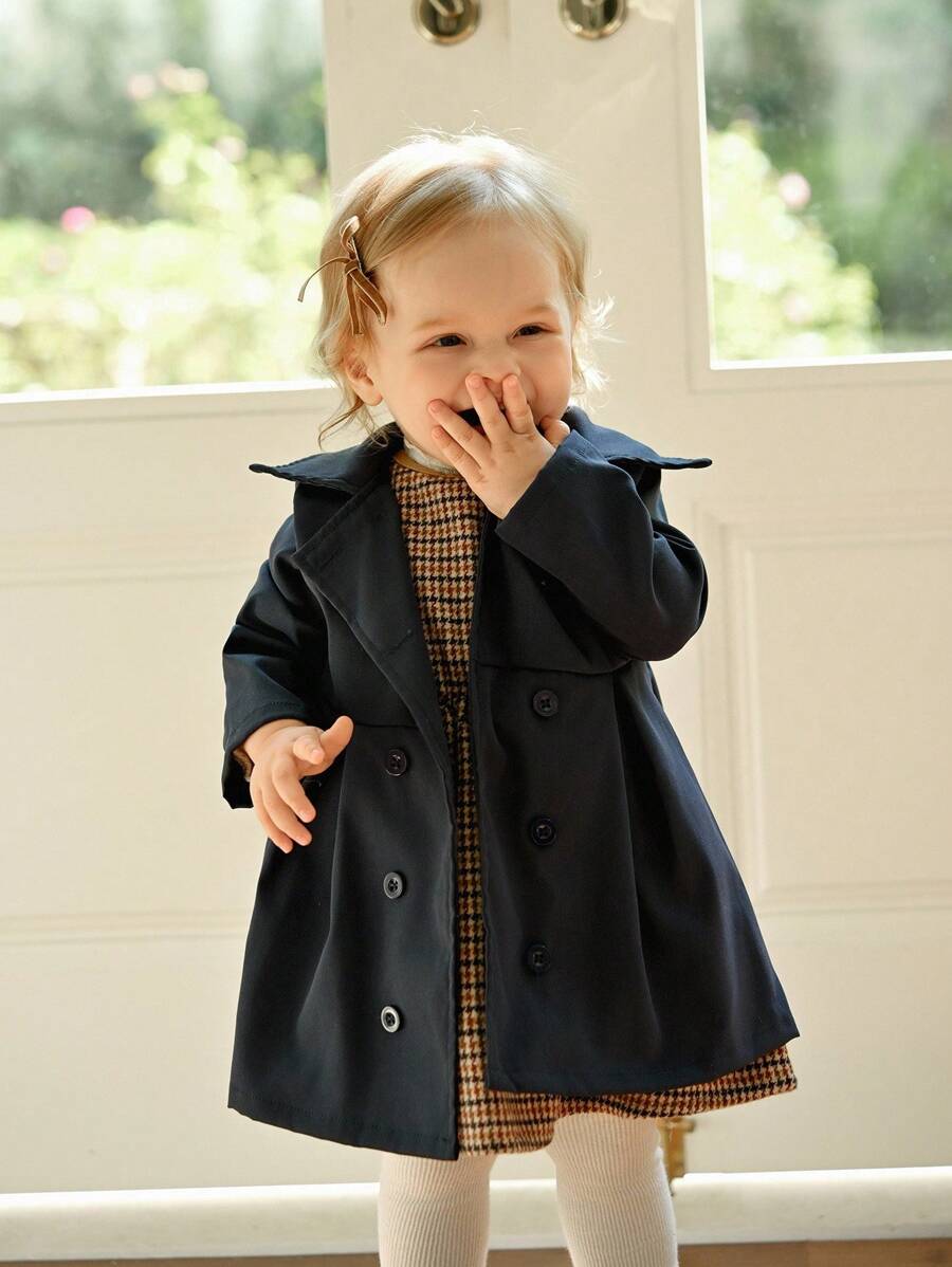 Souflis Souflis Baby Girls' Casual Versatile Long Sleeve Lapel Trench Coat, Suitable For Spring & Autumn, Daily Wear Baby Girl Trench Coat Fall Winter - Navy Blue - View 1