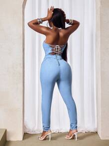 Slaydiva Women's Casual Sexy Backless Strap Tight Denim Jumpsuit, Summer - Blue - View 2