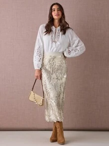 Enchnt 秋冬浪漫女士优雅杏色时尚优雅亮片刺绣中长裙，甜美优雅，适合度假、约会、度假、海滩和波西米亚风格的服装 - 杏色 - 查看 4