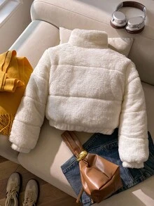 Tween 女童纯色蓬松厚腰抽绳连帽夹克，防尘时尚街头服饰，适合户外活动和日常穿着，冬季 Y2K 白色棉服外套