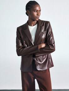 Maija 2025 Modern City Back To School Season Women's Loose PU Blazer With Wide Shoulders And Pockets, Suitable For Early Autumn Brown Blazer Women Brown Leather Blazer Brown Jacket Women Faux Leather Blazer Women Women Brown Blazer,Fall Clothes For Women,Winter Clothes For Women,Fall Outfits For Women,Halloween,Christmas,Business Casual Woman,Office Outfits For Women,Work Outfits For Women,