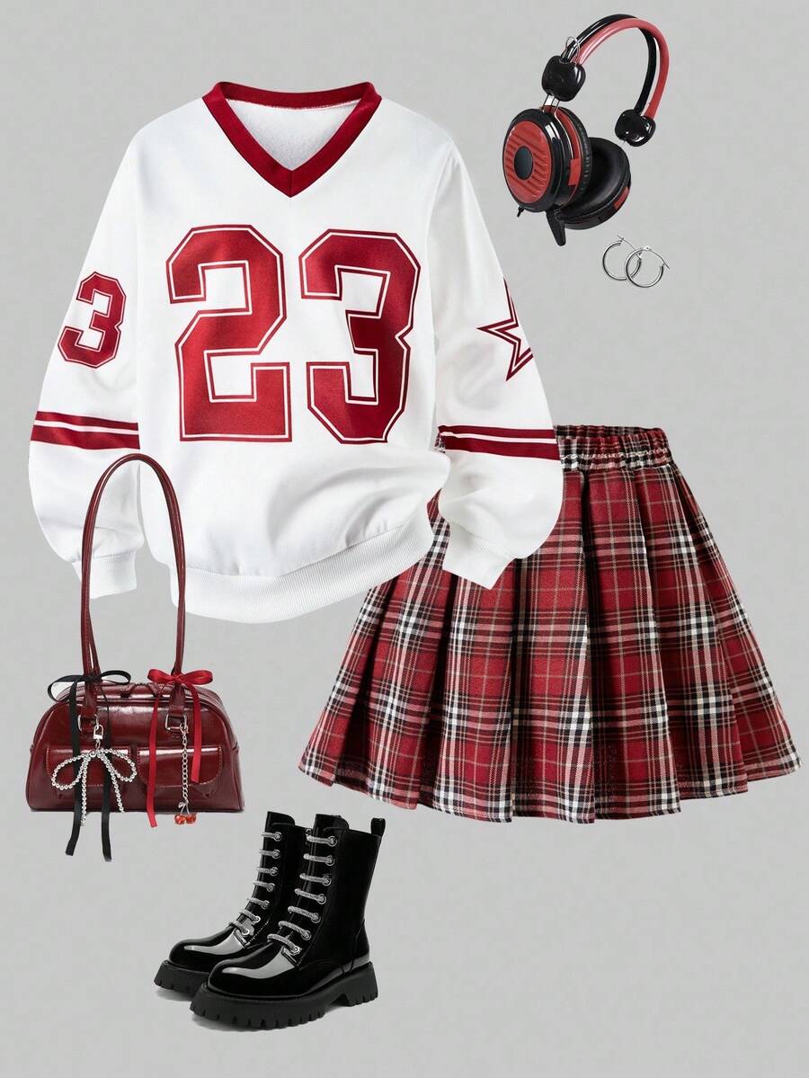 SHEIN ChillGRL 2 件套青少年女孩时尚图案印花 V 领羊毛运动衫和格子百褶裙，适合休闲外出，秋冬季 - 酒紅色 - 查看 1