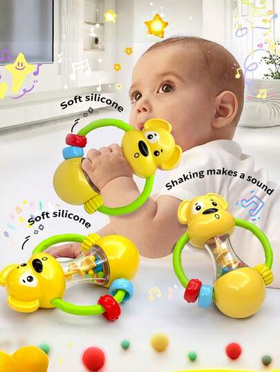 Zazumi 1 件装柔软硅胶婴儿摇铃玩具可爱狗形可咀嚼牙胶抓握训练感官玩具适用于新生儿早期发育第一年学习玩具，带有轻柔声音（款式配件随机）